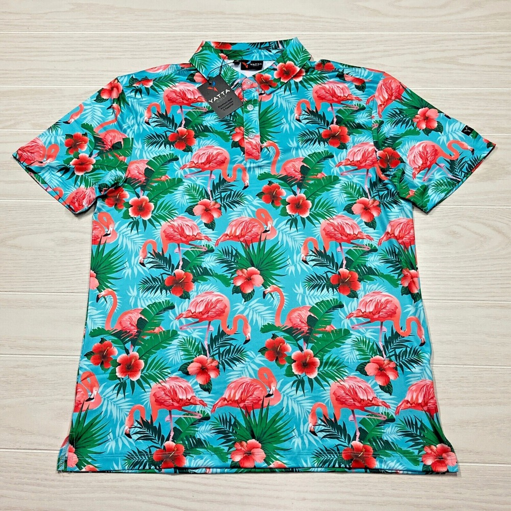 Yatta Golf Men's Pau Hau Floral Flamingo Performance Polo Shirt‎ Size Medium